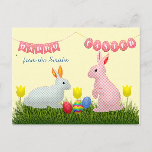 Bunnies, eieren, tulpen en Happy Easter Bunting Briefkaart (Voorkant)