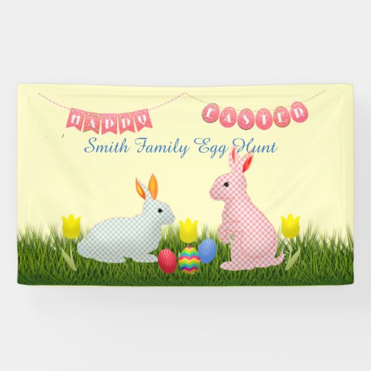 Bunnies, eieren, tulpen en Happy Easter Bunting Spandoek (Horizontaal)