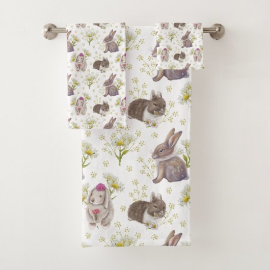 Bunnies en Daisies Patroon op witte handdoek Set (Insitu)