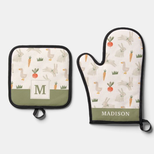 Bunnies en eenden op het Boerderij Pattern Ovenwant & Pannenlap Set (Voorkant)