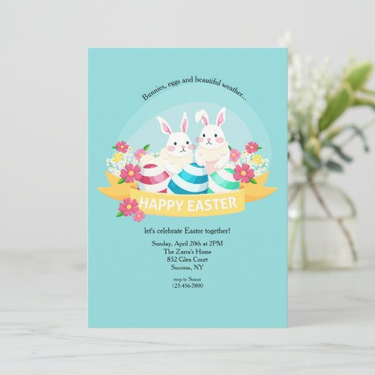 Bunnies en eieren Pasen Uitnodiging (Staand voorkant)