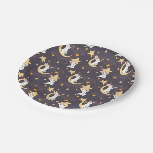 Bunnies en goudsterren op grijs papieren bordje (Gekanteld)