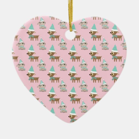 Bunnies en rendieren over Bleke roze vakantiekunst Keramisch Ornament (Voorkant)