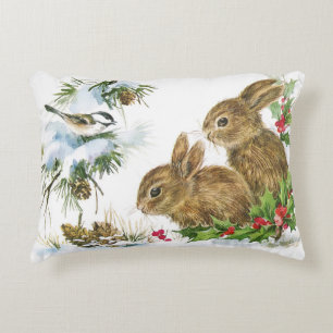 Bunnies en vogel genieten van een sneeuwdecor decoratief kussen