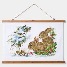 Bunnies en vogel genieten van sneeuw hangend wandkleed