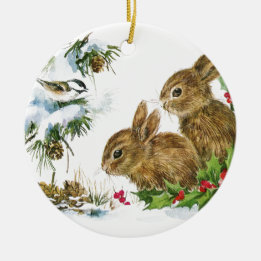 Bunnies en vogel genieten van sneeuw keramisch ornament