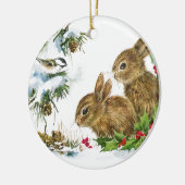 Bunnies en vogel genieten van sneeuw keramisch ornament (Links)