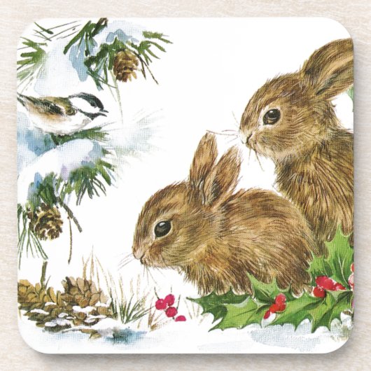 Bunnies en vogel genieten van sneeuw onderzetter (Voorkant)