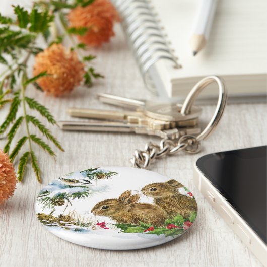 Bunnies en vogel genieten van sneeuw sleutelhanger (Zijkant)