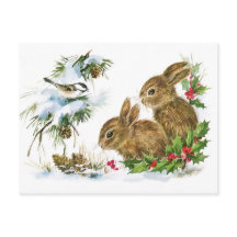 Bunnies en vogel genieten van sneeuwBriefkaart