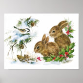 Bunnies en vogels genieten van een sneeuwkerstdeco poster (Voorkant)