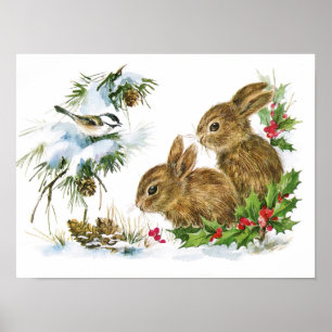 Bunnies en vogels genieten van een sneeuwkerstdeco poster