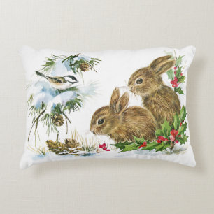 Bunnies en vogels genieten van kerstsneeuw decoratief kussen