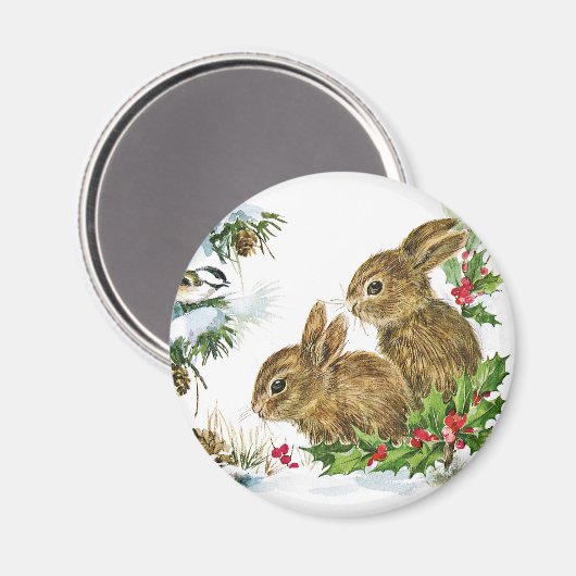 Bunnies en vogels genieten van kerstsneeuw magneet (Voorkant / Achterkant)