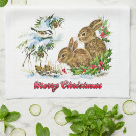 Bunnies en vogels genieten van sneeuwkerkerst theedoek