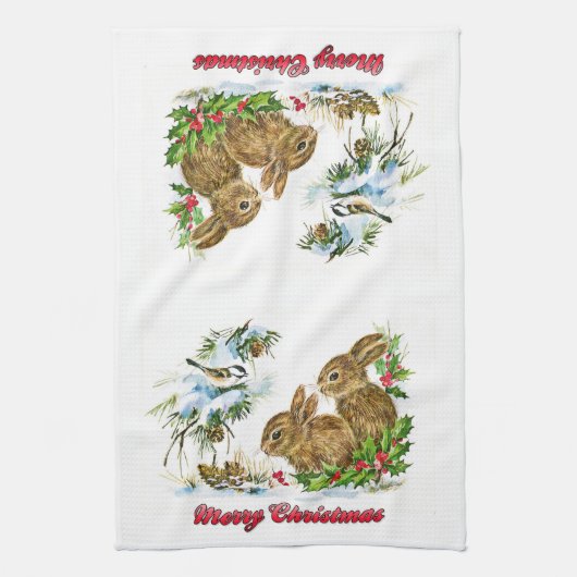 Bunnies en vogels genieten van sneeuwkerkerst theedoek (Verticaal)