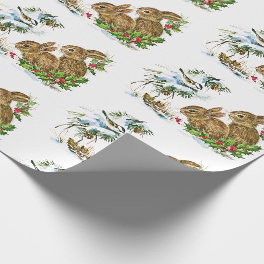 Bunnies en vogels genieten van winterkerst cadeaupapier (Hoek)