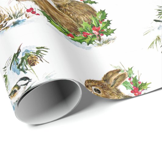 Bunnies en vogels genieten van winterkerst cadeaupapier (Rol Hoek)