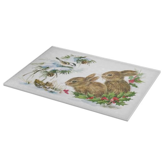 Bunnies en vogels genieten van winterkerst snijplank (Hoek)