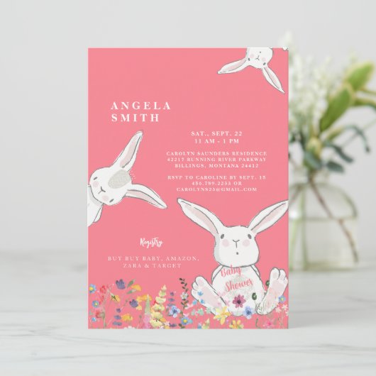 Bunnies en wilde bloemen, kleurrijk Baby shower Kaart (Staand voorkant)