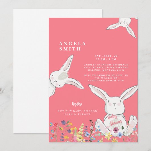 Bunnies en wilde bloemen, kleurrijk Baby shower Kaart (Voorkant / Achterkant)