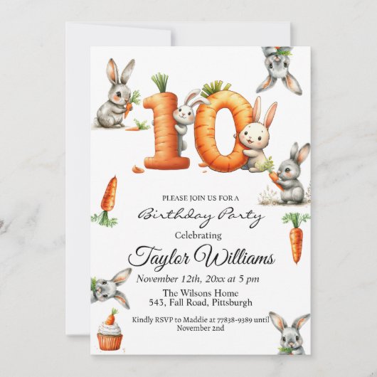 Bunnies en wortelen 10e verjaardagsfeest kaart (Voorkant)