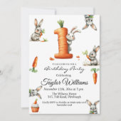 Bunnies en wortelen 1e verjaardagsfeest kaart (Voorkant)