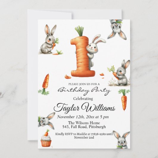 Bunnies en wortelen 1e verjaardagsfeest kaart (Voorkant)