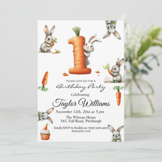 Bunnies en wortelen 1e verjaardagsfeest kaart (Staand voorkant)