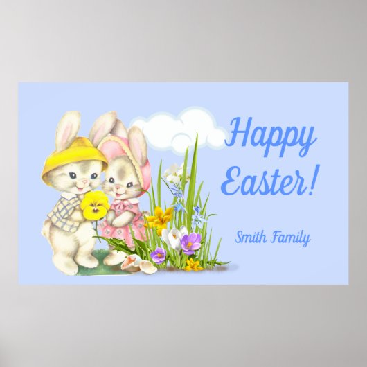  Bunnies & Flowers Happy Pasen Poster (Voorkant)