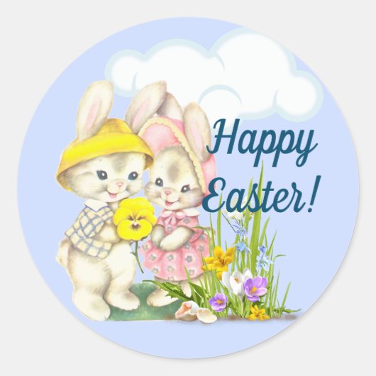  Bunnies & Flowers Happy Pasen Ronde Sticker (Voorkant)