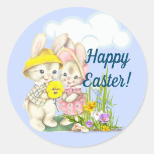 Bunnies & Flowers Happy Pasen Ronde Sticker