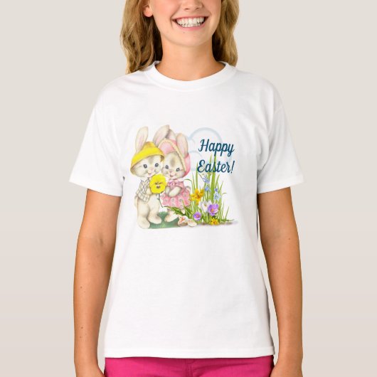  Bunnies & Flowers Happy Pasen T-shirt (Voorkant)