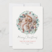 Bunnies Greenery Wreath Fotokerstmis Feestdagenkaart (Voorkant)