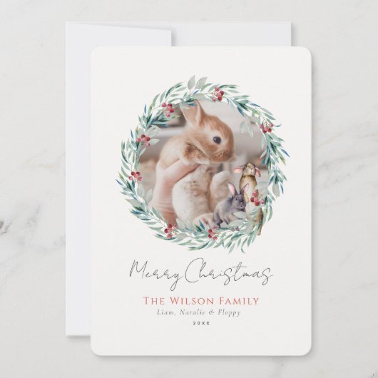 Bunnies Greenery Wreath Fotokerstmis Feestdagenkaart (Voorkant)