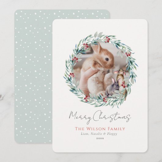Bunnies Greenery Wreath Fotokerstmis Feestdagenkaart (Voorkant / Achterkant)