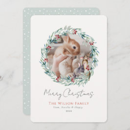 Bunnies Greenery Wreath Fotokerstmis Feestdagenkaart