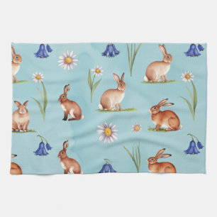 Bunnies, hazen, bluebells en madeliefjes theedoek