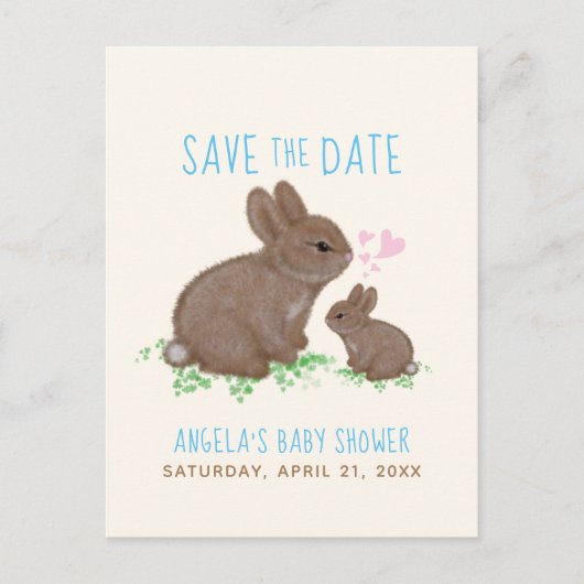 Bunnies Hearts Boy Baby shower sparen de Datum Aankondigingskaart (Voorkant)