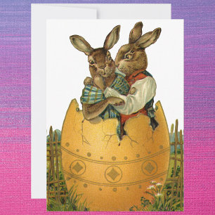 Bunnies in een gouden ei,  Victoriaans Pasen Feestdagenkaart