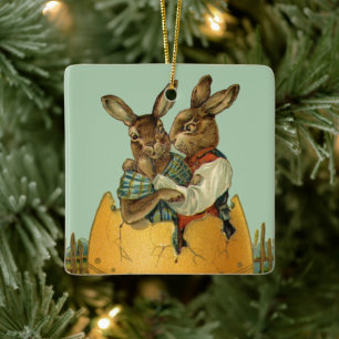 Bunnies in een gouden ei,  Victoriaans Pasen Keramisch Ornament