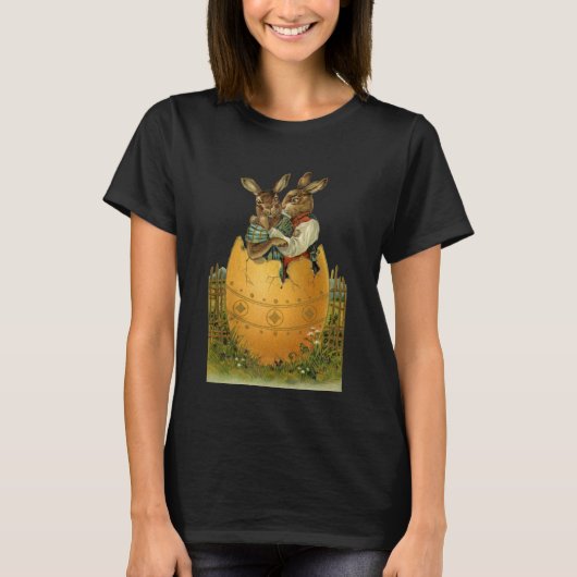 Bunnies in een gouden ei, Victoriaans Pasen T-shirt (Voorkant)