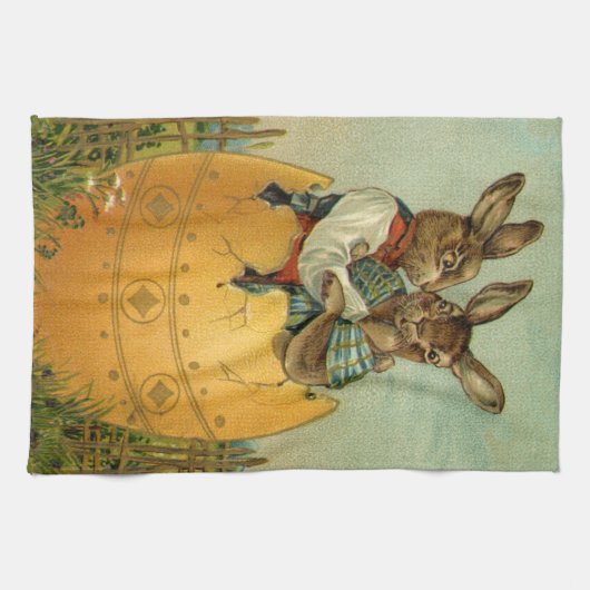 Bunnies in een gouden ei,  Victoriaans Pasen Theedoek (Horizontaal)