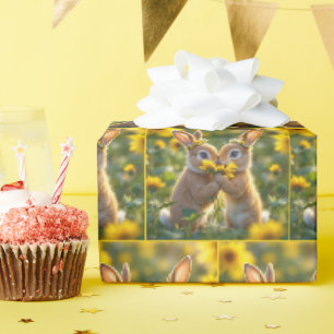 Bunnies ruiken een gele zonnebloem cadeaupapier