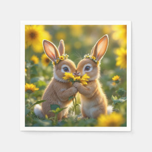 Bunnies ruiken een gele zonnebloem servet