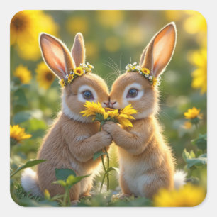 Bunnies ruiken een gele zonnebloem vierkante sticker