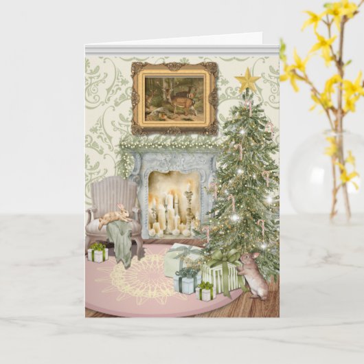 Bunnies vieren kerst gevouwen Wenskaart Kaart (Gele Bloem)