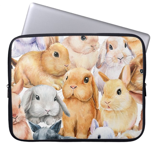 Bunnies Waterverf dierlijke achtergrond Laptop Sleeve (Voorkant)