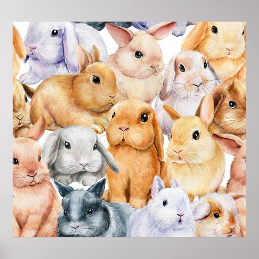 Bunnies Waterverf dierlijke achtergrond Poster (Voorkant)