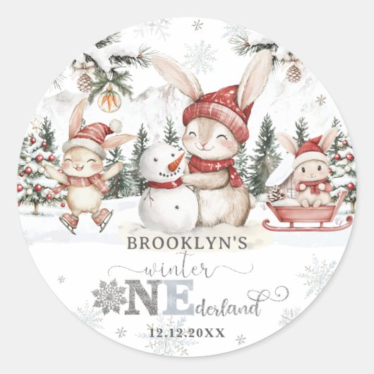 Bunnies Winter ONEderland Kerstmis 1e verjaardag Ronde Sticker (Voorkant)